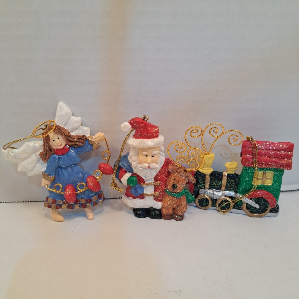 3 AVON FOLKART SPARKLE GIFT COLLECTION CHRISTMAS ORNAMENTS ANGEL TRAIN SANTA